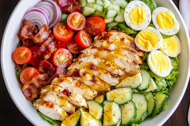 Grilled Chicken Cobb Salad with Honey Dijon featuring sliced grilled chicken, crispy bacon, cherry tomatoes, eggs, and fresh veggies in a white bowl.