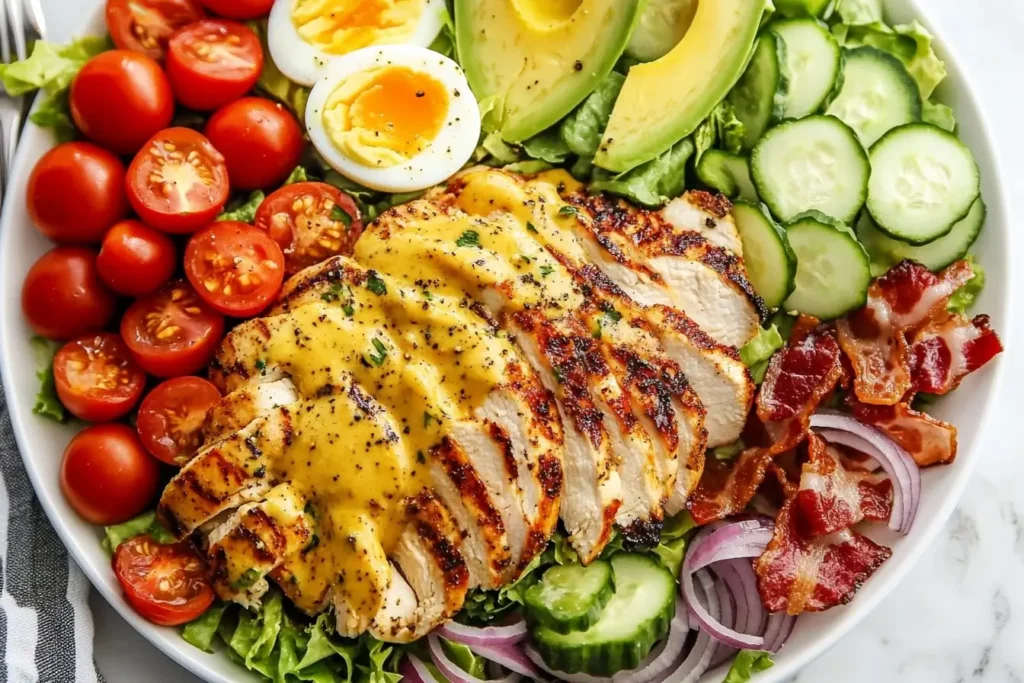 Grilled Chicken Cobb Salad with Honey Dijon topped with creamy dressing, avocado, eggs, bacon, and fresh vegetables in a white bowl.