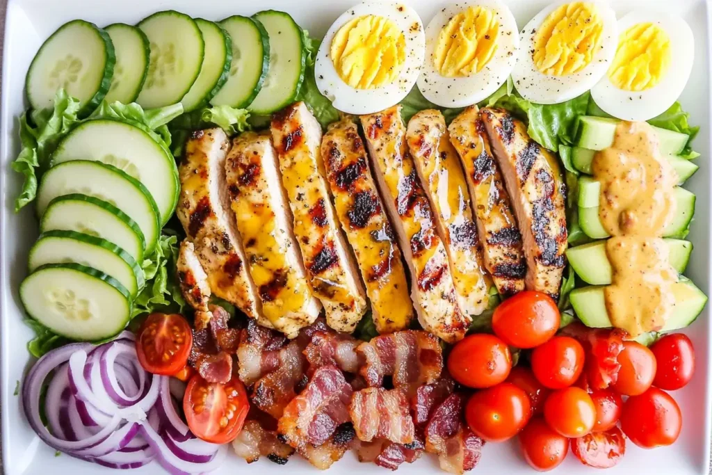 Grilled Chicken Cobb Salad with Honey Dijon arranged on a platter with sliced cucumbers, eggs, avocado, bacon, and cherry tomatoes.