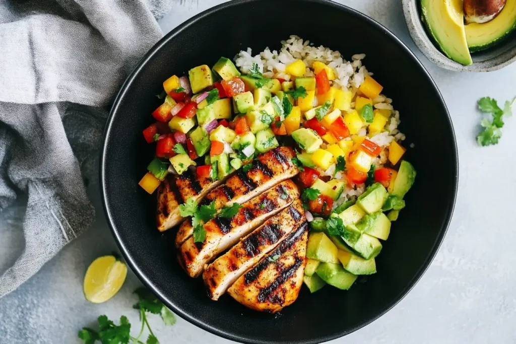 Grilled Chicken with Avocado Salsa and rice served in a black bowl with fresh mango and veggies.