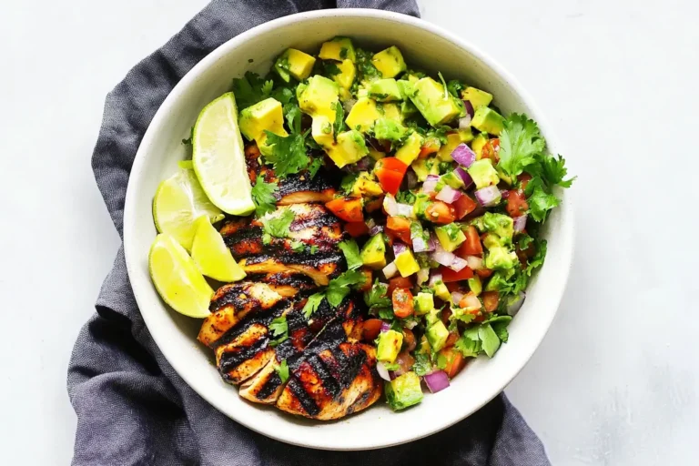 Grilled Chicken with Avocado Salsa served with lime wedges and fresh cilantro in a white bowl.