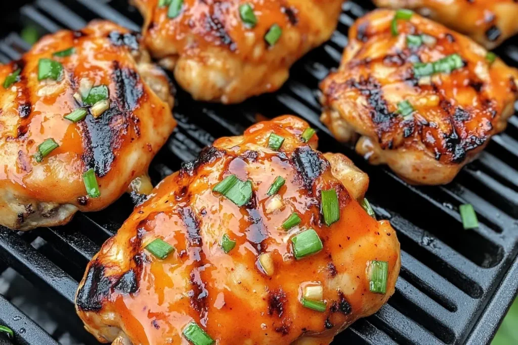 Grilled Honey Buffalo Chicken Thighs sizzling on a hot grill with honey buffalo sauce and green onions