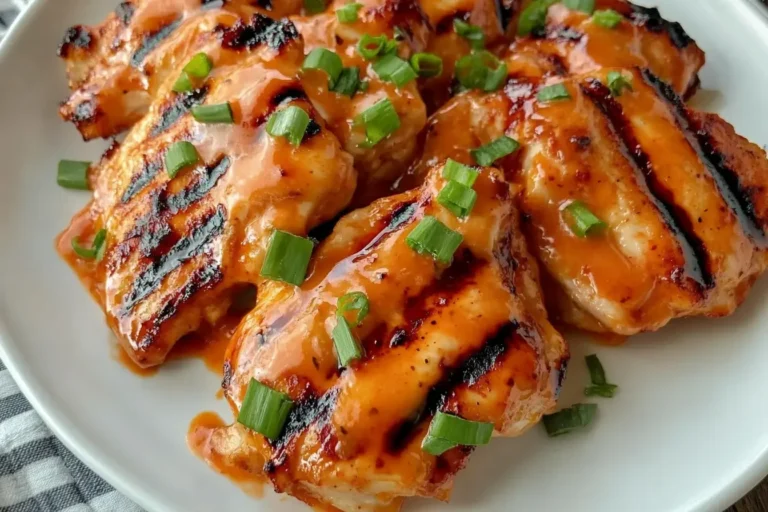 Grilled Honey Buffalo Chicken Thighs with sauce and green onions on a white plate