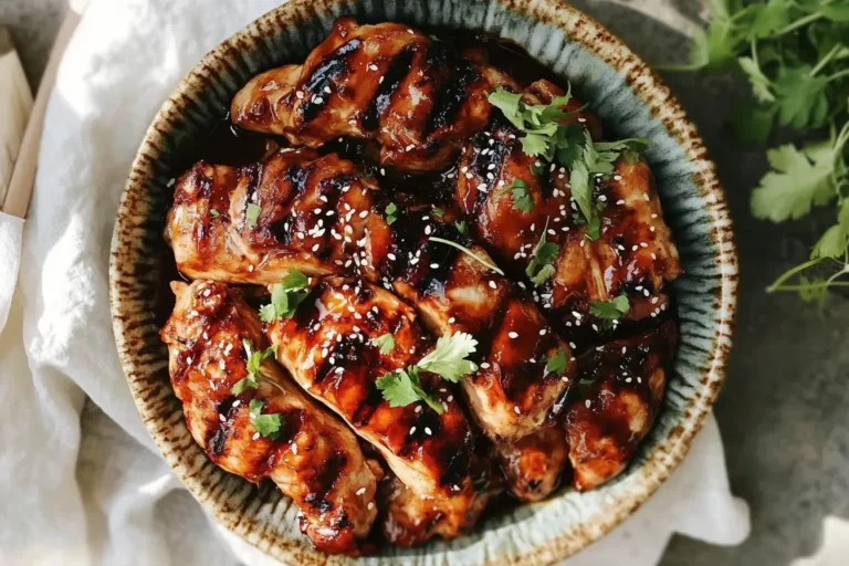 Grilled Teriyaki Chicken glazed with sauce, garnished with sesame seeds and cilantro in a rustic ceramic bowl.