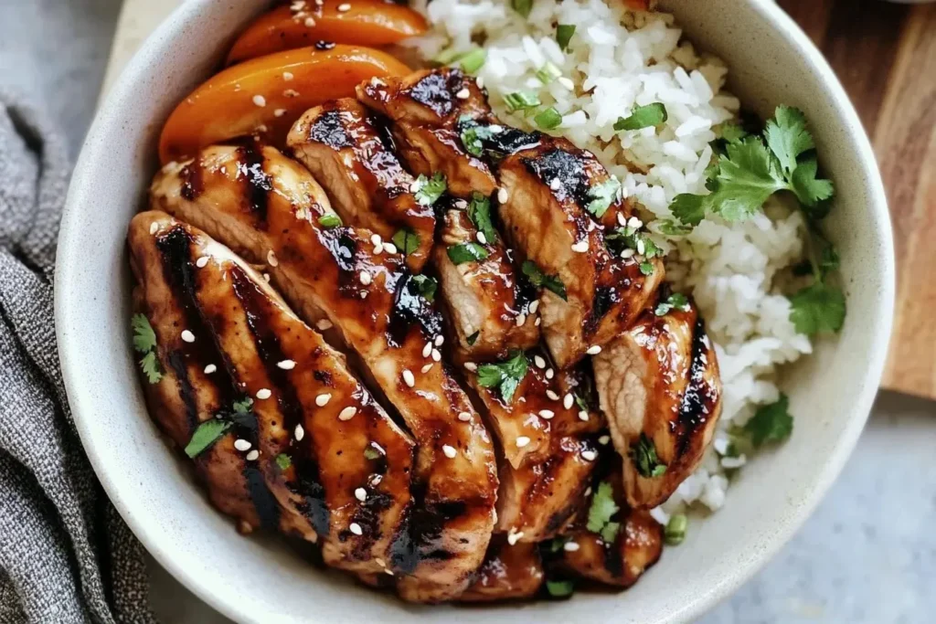 Sliced Grilled Teriyaki Chicken served over white rice with sesame seeds and cilantro in a bowl.