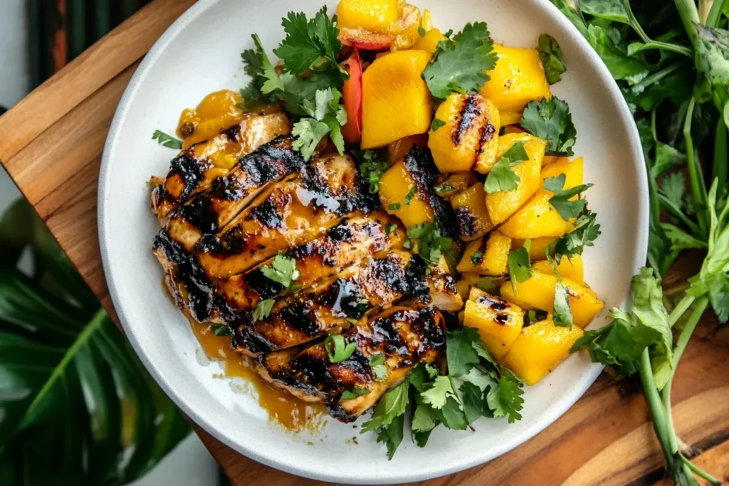 Sliced Grilled Mango Chicken served with grilled mango chunks and fresh cilantro on a white plate