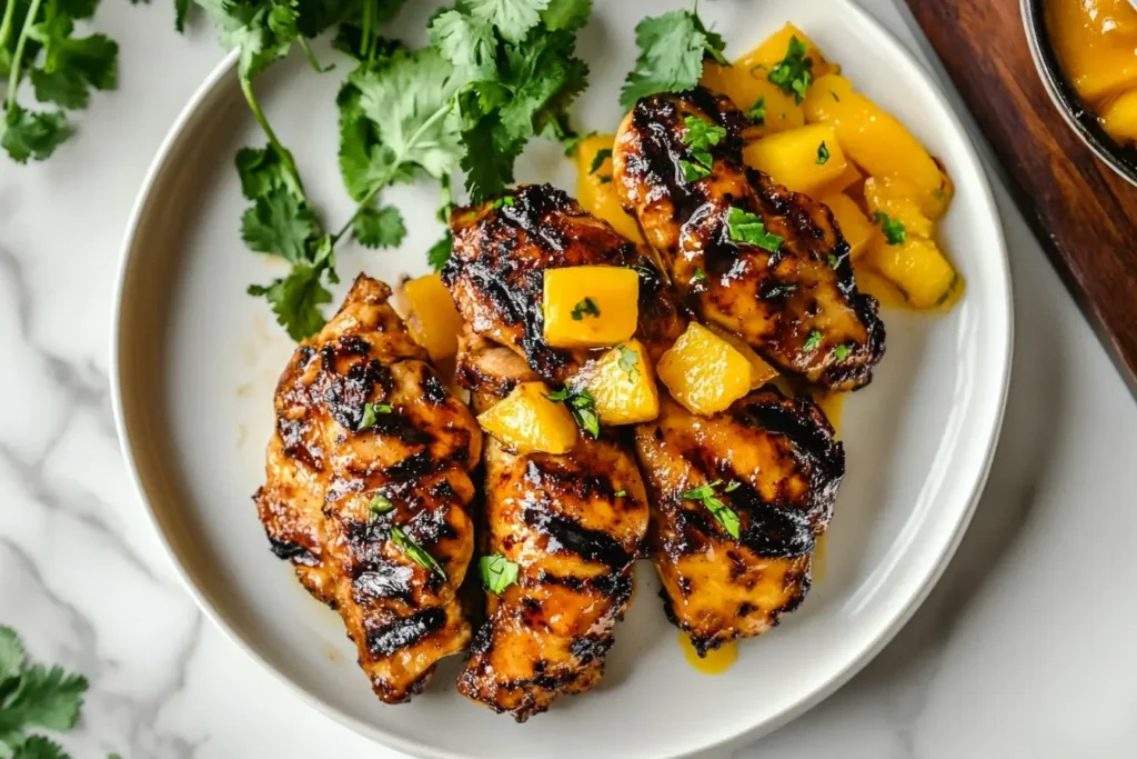 Grilled Mango Chicken thighs topped with fresh mango chunks and cilantro on a white plate