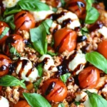 Ground Chicken Caprese with mozzarella, cherry tomatoes, fresh basil, and balsamic glaze in a skillet.