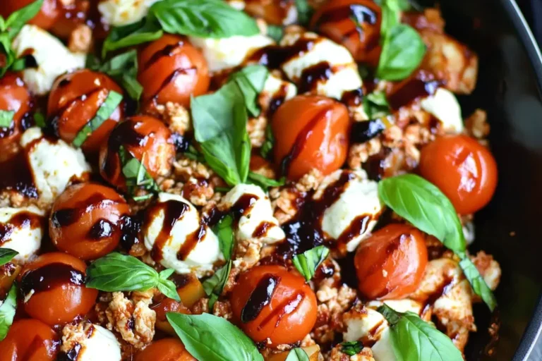 Ground Chicken Caprese with mozzarella, cherry tomatoes, fresh basil, and balsamic glaze in a skillet.