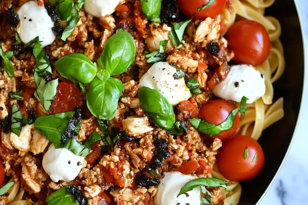 Ground Chicken Caprese served over pasta with mozzarella, cherry tomatoes, and fresh basil.
