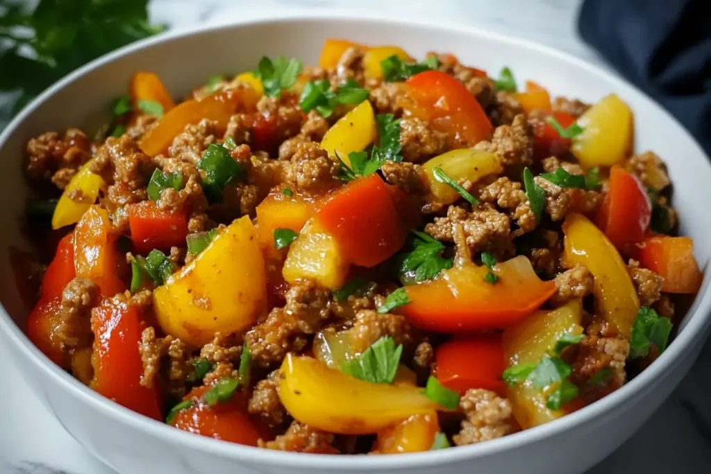 Ground Turkey and Peppers in a white bowl garnished with fresh parsley