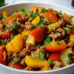Ground Turkey and Peppers in a white bowl garnished with fresh parsley