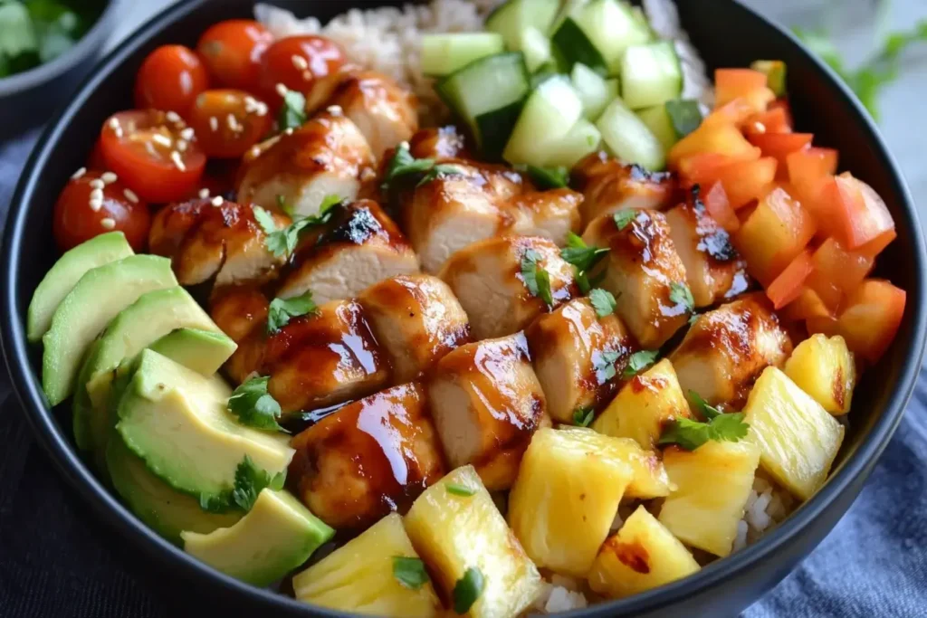 Glazed Hawaiian Chicken Bowl with pineapple, avocado, cherry tomatoes, cucumbers, and bell peppers over rice.