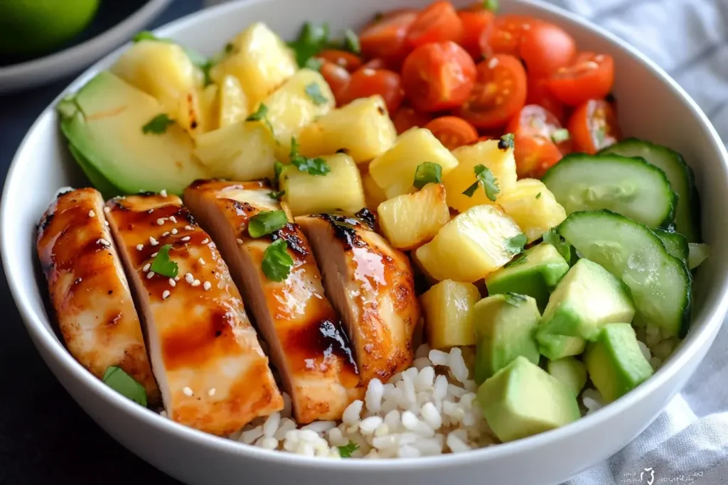 Colorful Hawaiian Chicken Bowl topped with grilled chicken, pineapple chunks, avocado, cucumber, cherry tomatoes, and white rice.