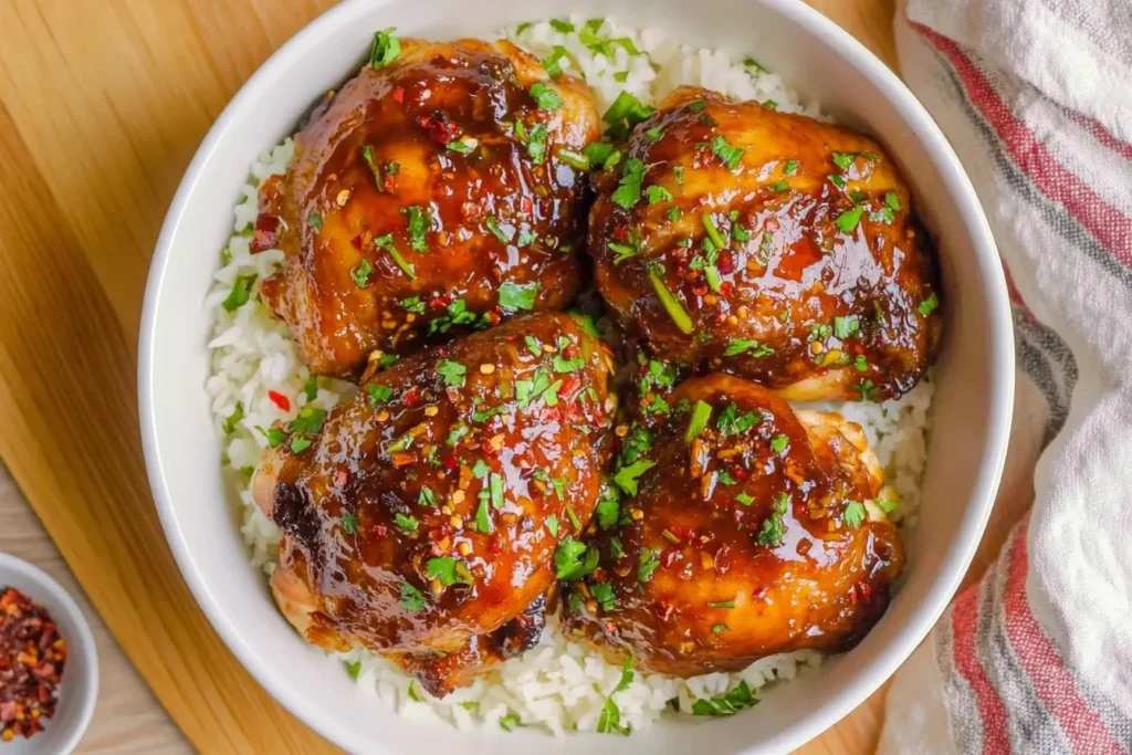 Hawaiian Shoyu Chicken served over white rice, glazed with sweet soy sauce and garnished with herbs and red pepper flakes.