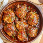Hawaiian Shoyu Chicken thighs glazed in a sweet and savory soy sauce, garnished with sesame seeds and herbs in a wooden skillet.