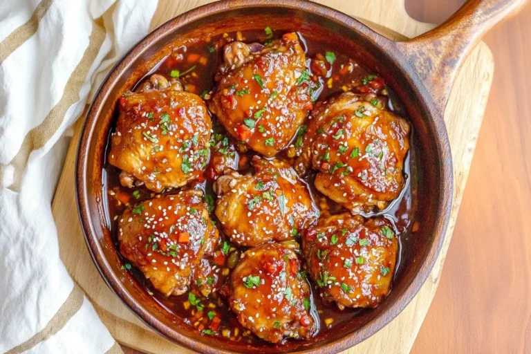 Hawaiian Shoyu Chicken thighs glazed in a sweet and savory soy sauce, garnished with sesame seeds and herbs in a wooden skillet.
