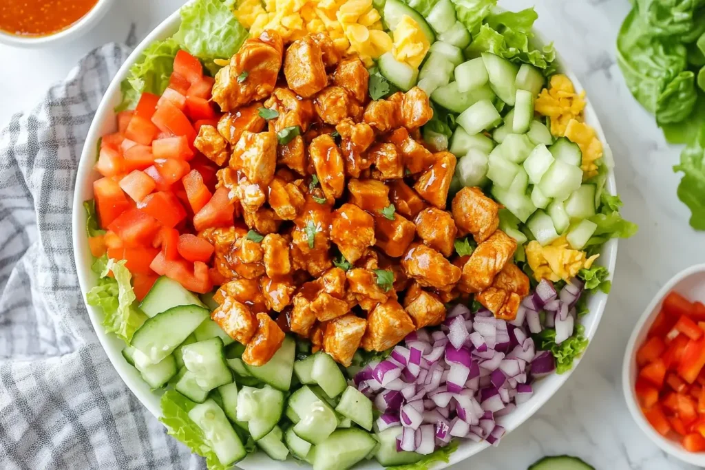 Colorful Honey Hot Chicken Salad with diced buffalo chicken, cucumbers, red onion, tomatoes, and shredded cheese on a bed of romaine lettuce.