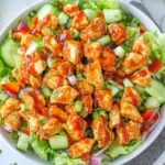 Bowl of Honey Hot Chicken Salad topped with spicy honey garlic chicken, fresh cucumbers, red onions, and bell peppers on romaine lettuce.