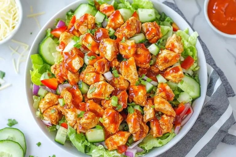 Bowl of Honey Hot Chicken Salad topped with spicy honey garlic chicken, fresh cucumbers, red onions, and bell peppers on romaine lettuce.