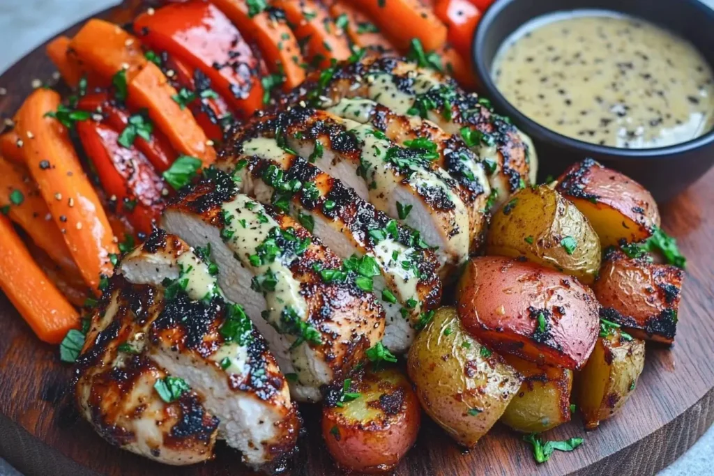 Honey Mustard Glazed Chicken with Roasted Vegetables served on a wooden board with grilled carrots, red peppers, baby potatoes, and a side of creamy mustard sauce.