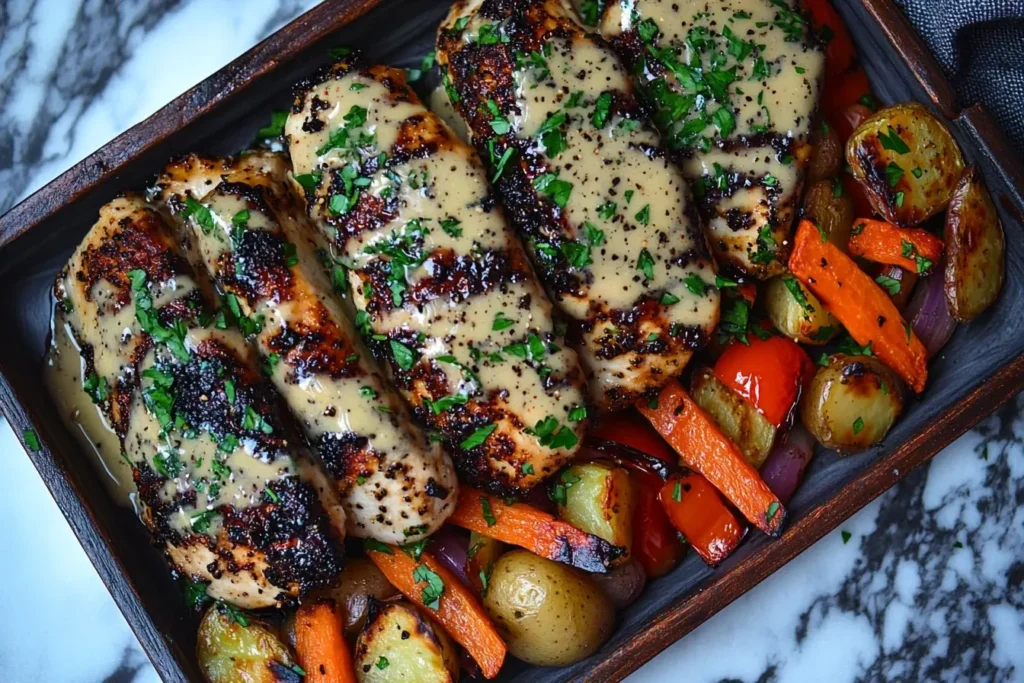 Honey Mustard Glazed Chicken with Roasted Vegetables erved over roasted potatoes, carrots, red onions, and bell peppers in a rustic wooden tray.