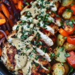 Sliced honey mustard glazed chicken breast served over roasted vegetables including carrots, potatoes, red onions, and bell peppers.