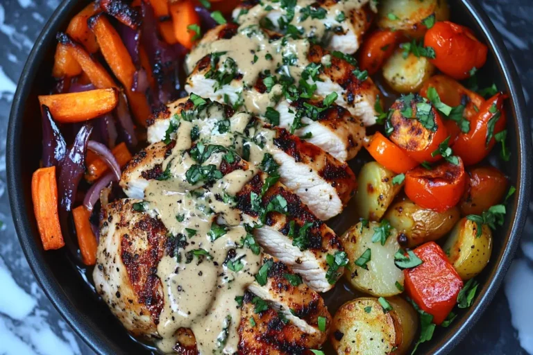 Sliced honey mustard glazed chicken breast served over roasted vegetables including carrots, potatoes, red onions, and bell peppers.