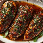 Hot Honey Baked Chicken Breasts glazed with spicy-sweet sauce and garnished with herbs on a serving platter.