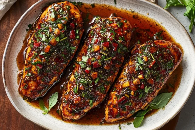 Hot Honey Baked Chicken Breasts glazed with spicy-sweet sauce and garnished with herbs on a serving platter.