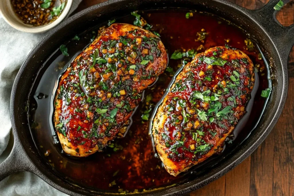 Hot Honey Baked Chicken Breasts in a cast iron skillet with sticky garlic glaze and fresh herbs.