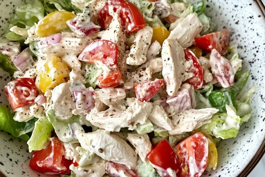 Bowl of Italian Grinder Chicken Salad with shredded chicken, grape tomatoes, red onion, and creamy dressing.