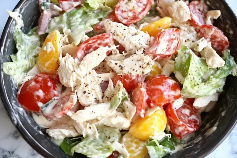 Close-up of creamy Italian Grinder Chicken Salad with grape tomatoes, shredded chicken, banana peppers, and romaine lettuce in a black bowl.
