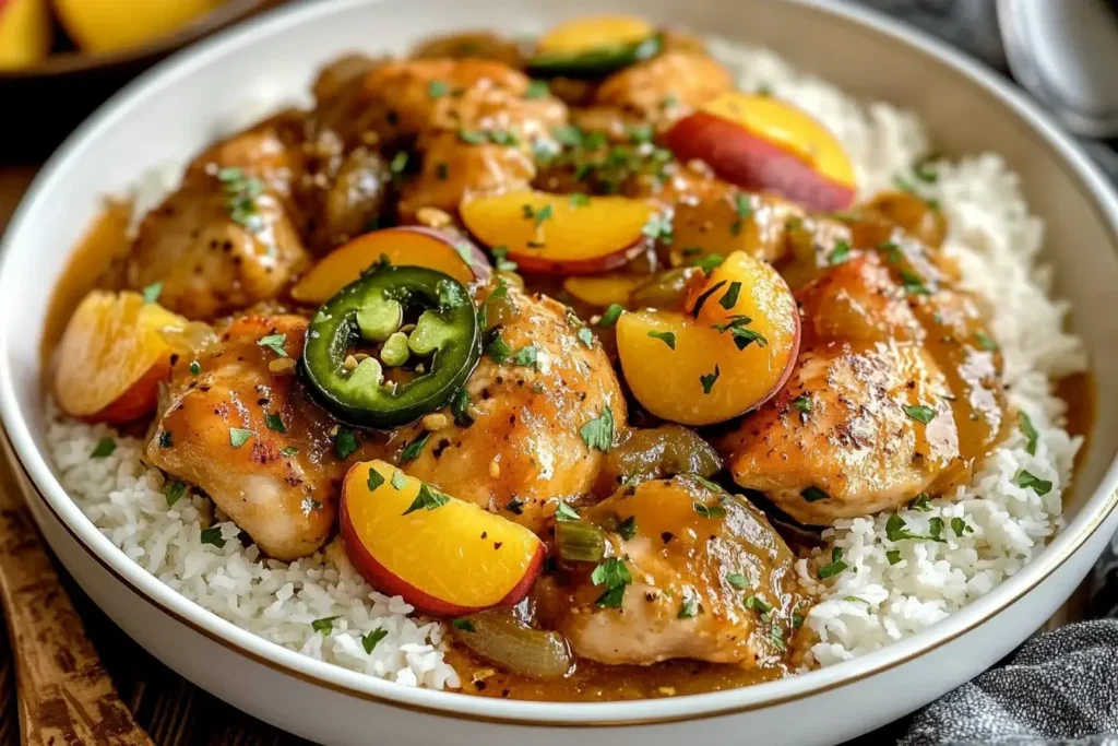 Jalapeno Peach Chicken Recipe served over white rice with sliced peaches and jalapeños.