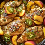 Close-up of Jalapeno Peach Chicken Recipe in a skillet with fresh peaches and jalapeño slices.