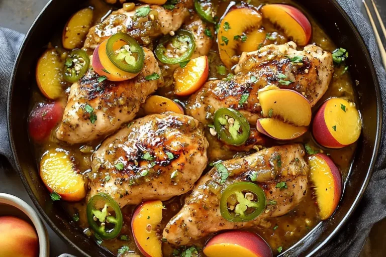 Close-up of Jalapeno Peach Chicken Recipe in a skillet with fresh peaches and jalapeño slices.