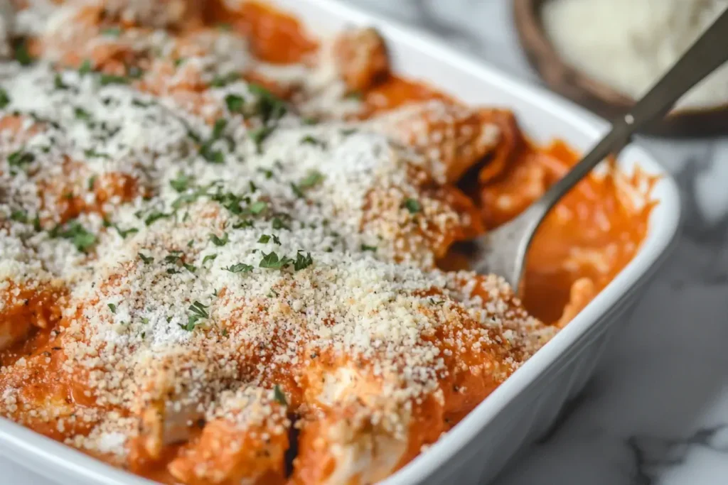 Cheesy Keto Chicken Parmesan Casserole served in a white dish with marinara sauce and fresh parsley.