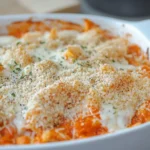 Freshly baked Keto Chicken Parmesan Casserole topped with melted cheese and crispy parmesan crumbs in a white baking dish.