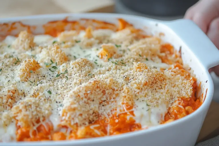 Freshly baked Keto Chicken Parmesan Casserole topped with melted cheese and crispy parmesan crumbs in a white baking dish.