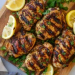 Grilled chicken thighs with char marks and herbs on a wooden board, served with lemon slices — Lemon Ginger Soy Marinated Grilled Chicken