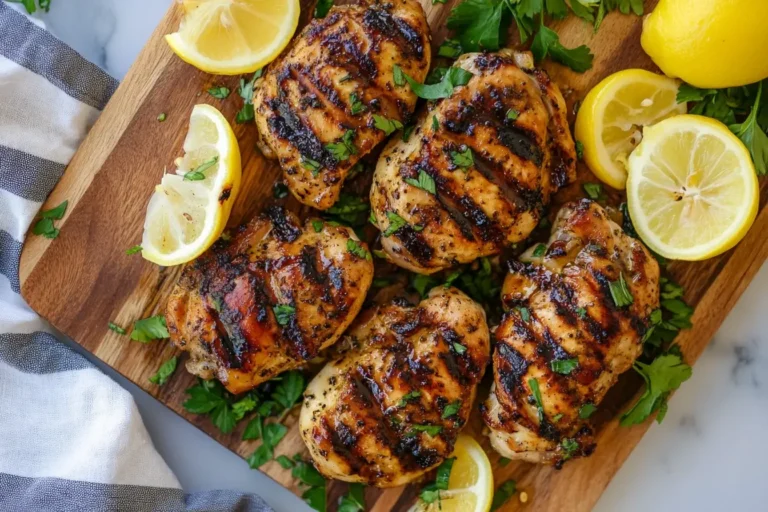 Grilled chicken thighs with char marks and herbs on a wooden board, served with lemon slices — Lemon Ginger Soy Marinated Grilled Chicken