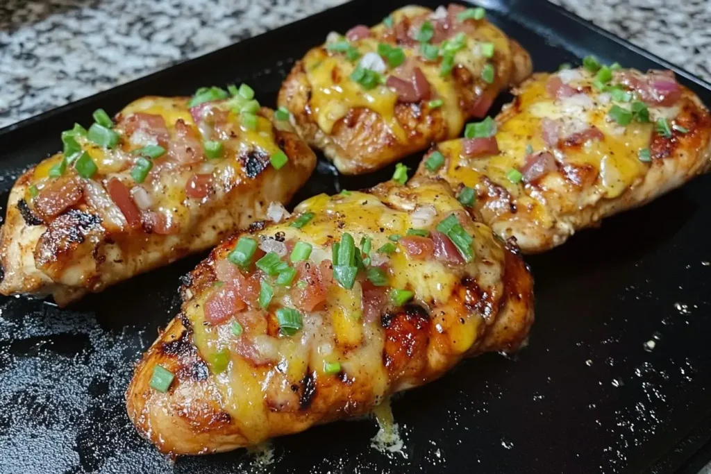 Loaded Grilled Chicken on the Griddle topped with melted cheese, bacon, and green onions.