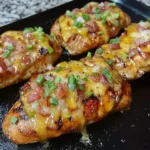 Loaded Grilled Chicken on the Griddle topped with melted cheese, bacon, and green onions.