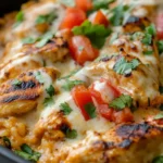 Grilled Mexican Queso Chicken and Rice topped with melted cheese, fresh tomatoes, and cilantro in a skillet