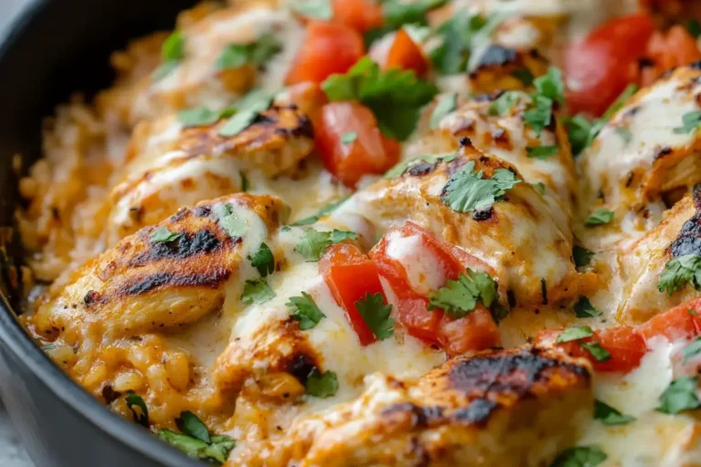 Grilled Mexican Queso Chicken and Rice topped with melted cheese, fresh tomatoes, and cilantro in a skillet