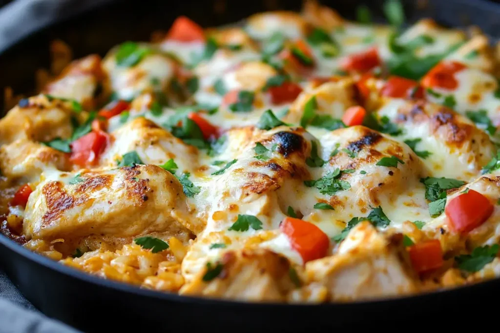 Close-up of Mexican Queso Chicken and Rice with melted cheese, fresh cilantro, and diced tomatoes in a cast iron skillet