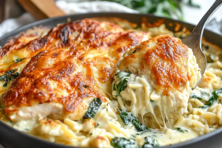 Monterey Chicken One Pan Orzo baked with golden cheese and creamy spinach orzo