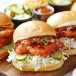 Nashville Hot Chicken Sandwiches topped with coleslaw and pickles on toasted buns