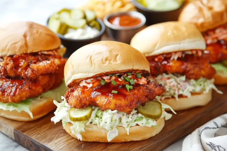 Nashville Hot Chicken Sandwiches topped with coleslaw and pickles on toasted buns
