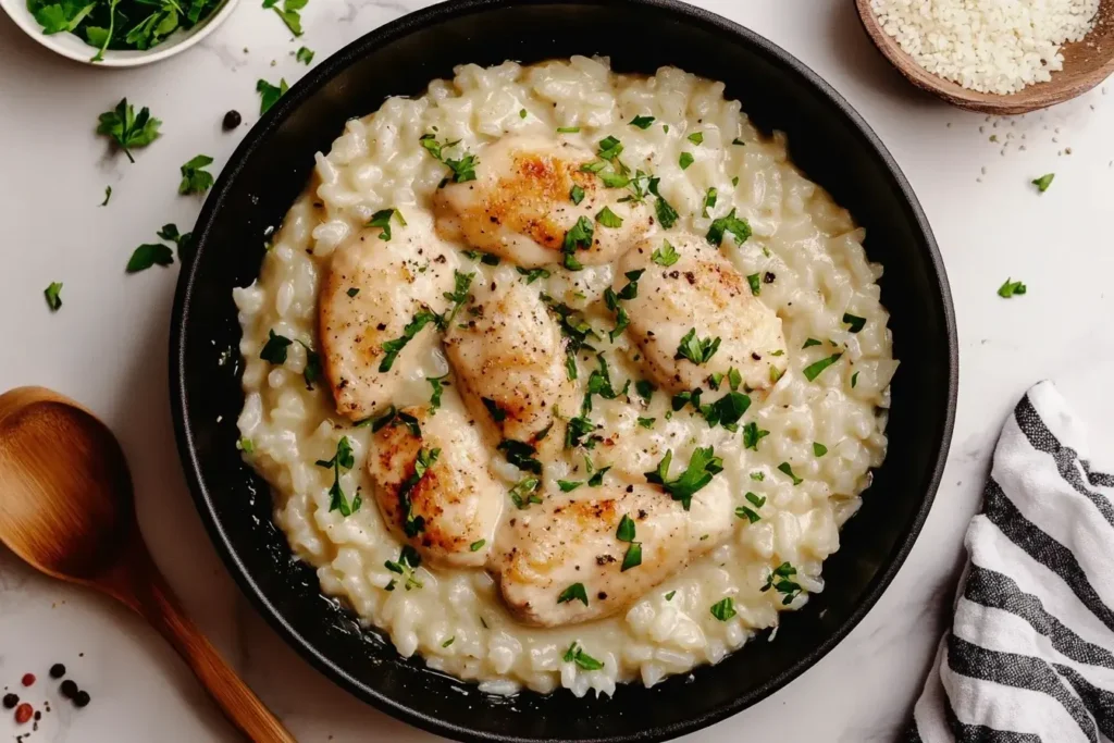 One Pan Creamy Parmesan Chicken and Rice in a black skillet garnished with parsley